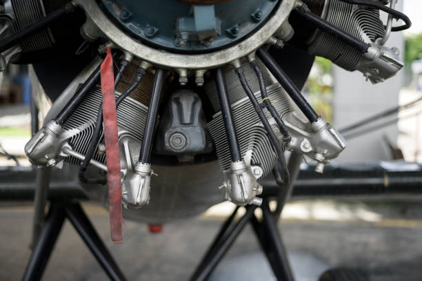 Close up of airplane engine in an airfield