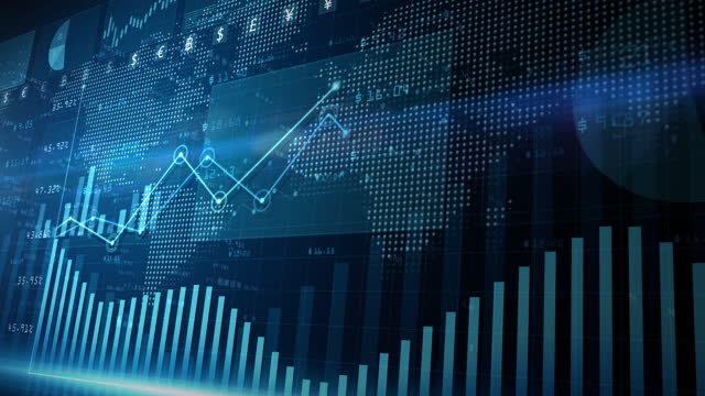 Digital data financial investment trends, Financial business diagram with charts and stock numbers showing profits and losses over time dynamically, Business and finance background 4K animation