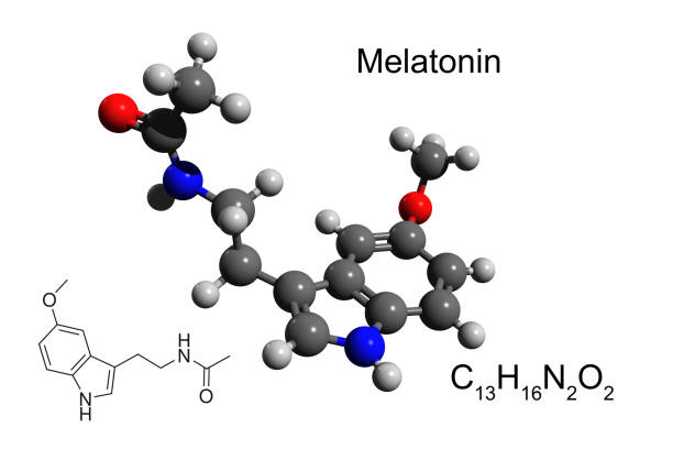 Chemical formula, structural formula and 3D ball-and-stick model of hormone melatonin stock photo