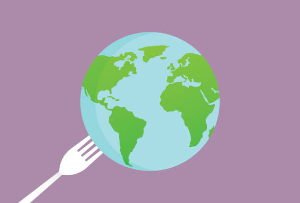 A globe with a fork Savings, Planet Earth, Environment, Population, Global warming, Malnutrition, Zero Waste, Sustainable, Food malnourished stock illustrations