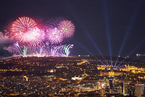 New year 2021 fireworks show in Barcelona, Spain.