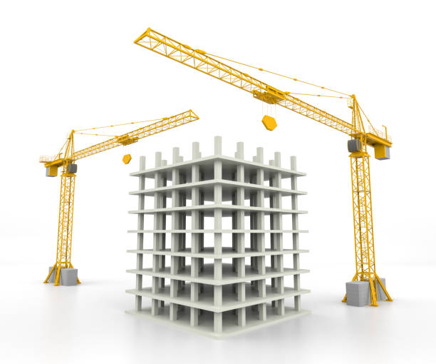 istock 3d illustration of frame house construction with crane over white background. 3d rendering 1293980229
