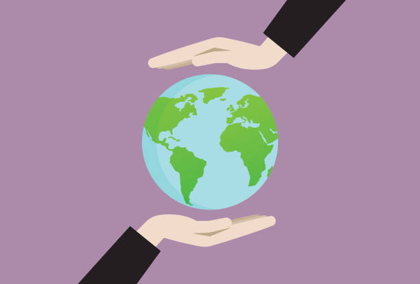dwie ręce trzymające symbol ziemi - globe stock illustrations