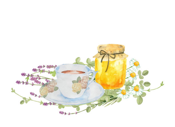 花と蜂蜜とお茶 - tea cup tea cup herbal medicine点のイラスト素材／クリップアート素材／マンガ素材／アイコン素材