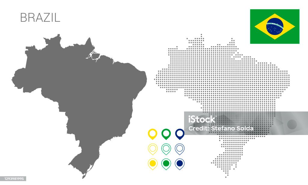 브라질 실루엣의지도, 브라질지도 점선, 브라질의 국기. - 로열티 프리 브라질 벡터 아트