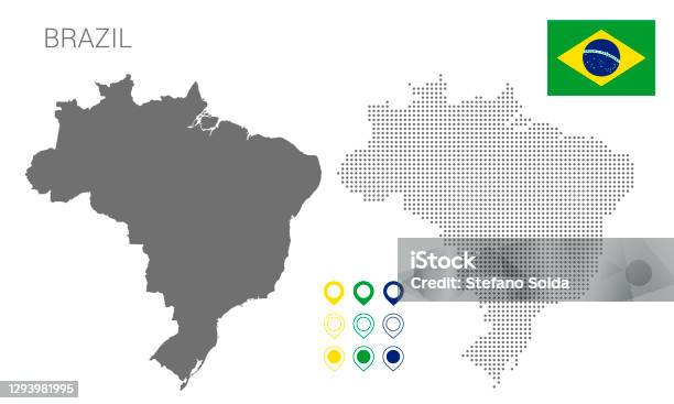 브라질 실루엣의지도 브라질지도 점선 브라질의 국기 브라질에 대한 스톡 벡터 아트 및 기타 이미지 - 브라질, 지도, 외형선