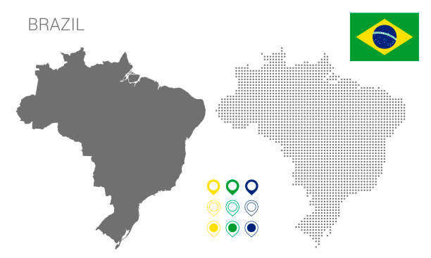 карта бразилии силуэт, бразилия карта пунктирная, флаг бразилии. - бразилия stock illustrations