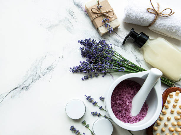 istock Flat lay composition with lavender flowers and natural cosmetic 1293982677