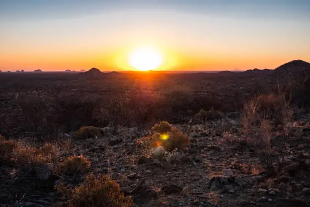 Sunset in the Savanna in Omaruru in the Erongo Region on the Central Plateau of Namibia, Africa, a Scenic Sundown in the African Wilderness