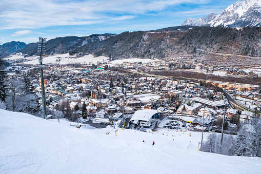 Schladming, Austria - Famous Piste Planai Finish with the Town and 10 seater Main Gondola Cablecar Bottom Station