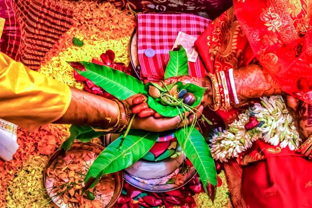 인도 벵골어 결혼식... - indian culture bride women henna tattoo 뉴스 사진 이미지