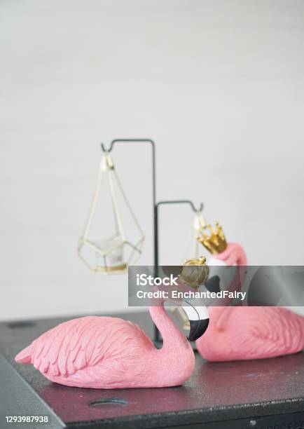 Flamingo Interior Decoration Of A Lover Flamingo Copuple With Copy Space On The Background Stock Photo - Download Image Now