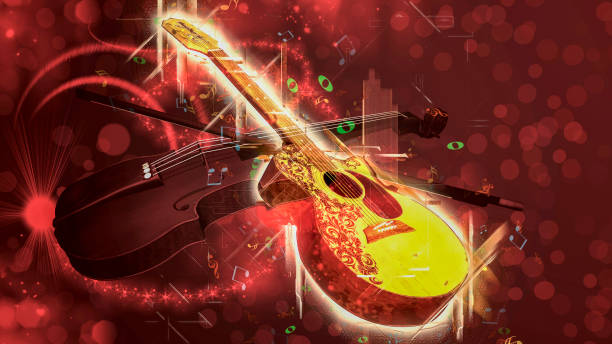 istock Acoustic classical guitar and violin on black background with music notes 1293988757