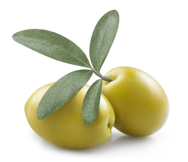 istock Delicious green olives with leaves on white 1293989486