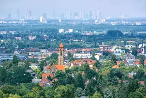 Cityscape of Darmstadt (Germany) and the skyline of Frankfurt am Main in the background