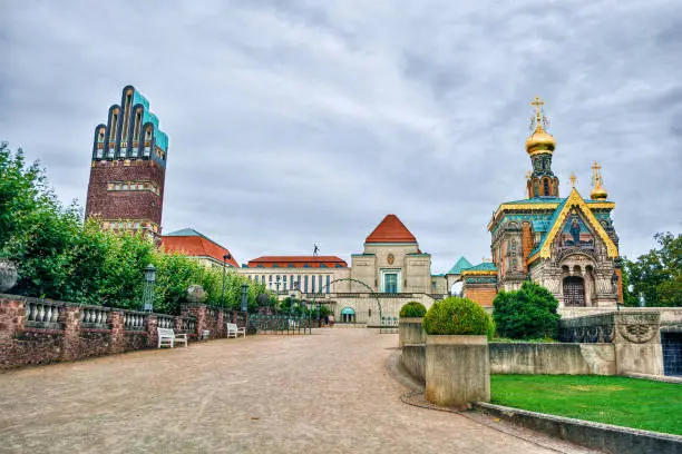 Mathildenhohe in Darmstadt (Germany) with the Wedding Tower and a russian orthodox church