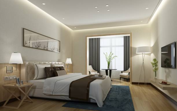 istock 3d render of luxury hotel suite room, bedroom 1293991348