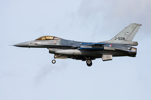 Leeuwarden, Netherlands - April 13, 2015: Royal Netherlands Air Force Lockheed Martin F-16AM Fighting Falcon J-508 fighter jet arrival and landing at Leeuwarden Air Base for Frisian Flag 2015 Air Exercise