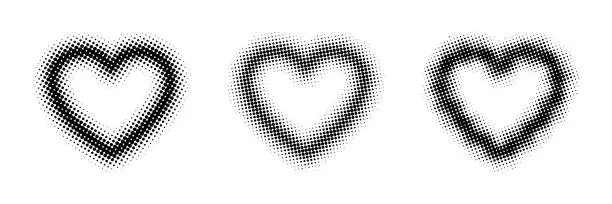 Vector illustration of Hearts. Heart in halftone design. Three hearts in halftone pattern, isolated. Vector illustration