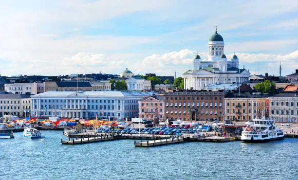 Embankment with Helsinki Cathedral on background in Finland