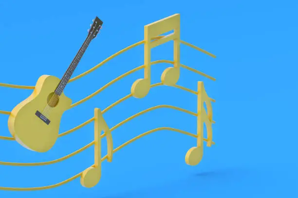 Photo of One vintage guitar and different notes on blue background. Retro stringed instrument. Musical education. Live concert concept. Acoustic sound. 3d rendering