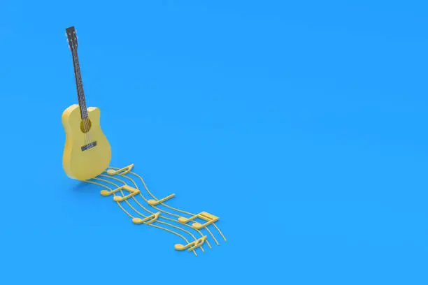 Photo of One vintage guitar and different notes on blue background. Retro stringed instrument. Musical education. Live concert concept. Acoustic sound. Copy space. 3d rendering