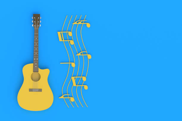 istock One vintage guitar and different notes on blue background. Retro stringed instrument. Musical education. Live concert concept. Acoustic sound. Top view. Copy space. 3d rendering 1293997182
