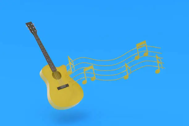 Photo of One vintage guitar and different notes on blue background. Retro stringed instrument. Musical education. Live concert concept. Acoustic sound. 3d rendering