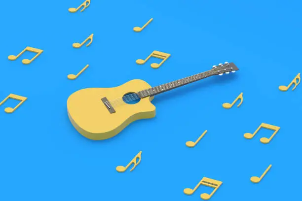 Photo of One vintage guitar and scattered different notes on blue background. Retro stringed instrument. Musical education. Live concert concept. Acoustic sound. 3d rendering