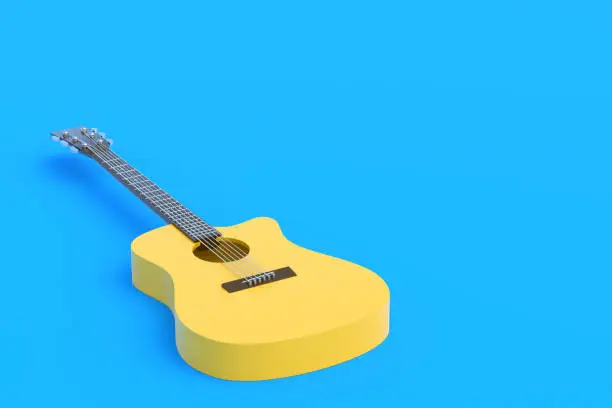 Photo of One vintage guitar on blue background. Retro stringed instrument. Musical education. Live concert concept. Copy space. 3d rendering