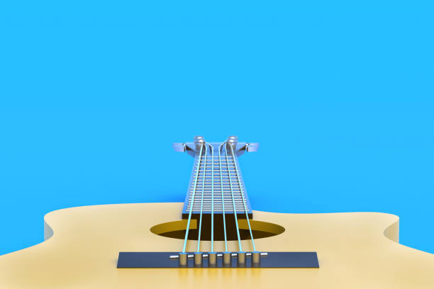 istock One vintage guitar on blue background. Retro stringed instrument. Musical education. Live concert concept. Copy space. 3d rendering 1293997456