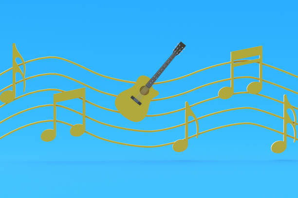 istock One vintage guitar and different notes on blue background. Retro stringed instrument. Musical education. Live concert concept. Acoustic sound. 3d rendering 1293997459