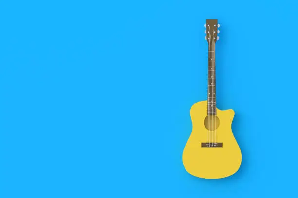 Photo of One vintage guitar on blue background. Retro stringed instrument. Musical education. Live concert concept. Top view. Copy space. 3d rendering