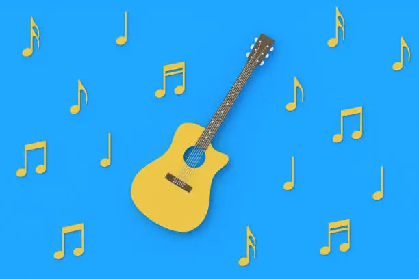 Photo of One vintage guitar and scattered different notes on blue background. Retro stringed instrument. Musical education. Live concert concept. Acoustic sound. Top view. 3d rendering