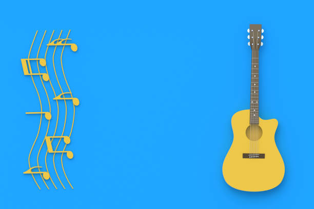 istock One vintage guitar and different notes on blue background. Retro stringed instrument. Musical education. Live concert concept. Acoustic sound. Top view. Copy space. 3d rendering 1293997471