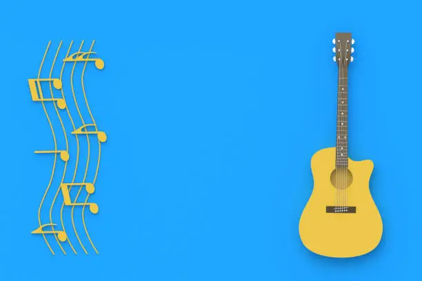 Photo of One vintage guitar and different notes on blue background. Retro stringed instrument. Musical education. Live concert concept. Acoustic sound. Top view. Copy space. 3d rendering