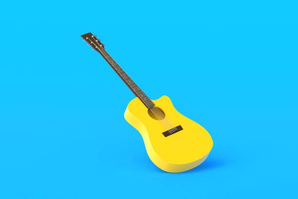 istock One vintage guitar on blue background. Retro stringed instrument. Musical education. Live concert concept. 3d rendering 1293997472