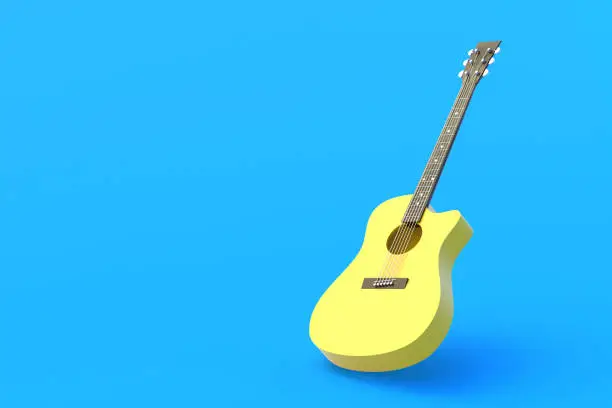 Photo of One vintage guitar on blue background. Retro stringed instrument. Musical education. Live concert concept. Copy space. 3d rendering