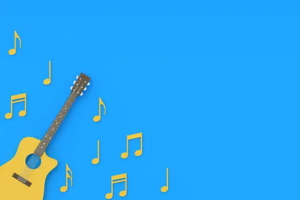 Photo of One vintage guitar and scattered different notes on blue background. Retro stringed instrument. Musical education. Live concert concept. Acoustic sound. Top view. Copy space. 3d rendering
