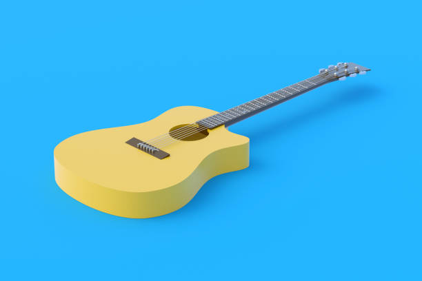 istock One vintage guitar on blue background. Retro stringed instrument. Musical education. Live concert concept. 3d rendering 1293997482