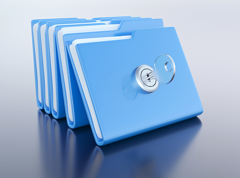 Blue folders with key. Secure information concept