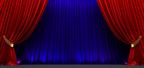 red and blue curtain, Theater curtain and stage with dramatic lighting, 3D render