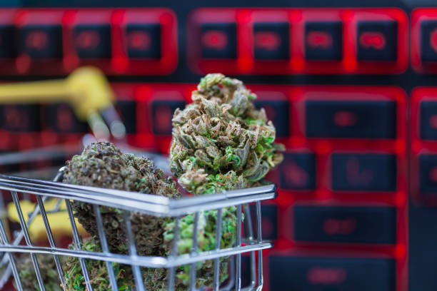 online purchase using a computer from home. cannabis in a supermarket trolley. computer keyboard