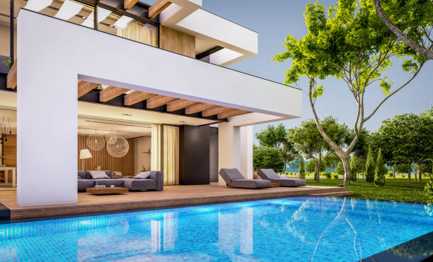 istock 3d rendering of modern house in luxurious style in evening 1294008170
