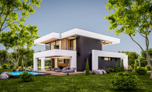 istock 3d rendering of modern house in luxurious style in evening 1294008175