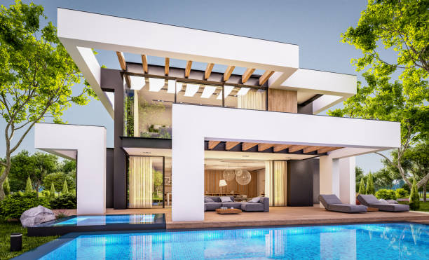 istock 3d rendering of modern house in luxurious style in evening 1294008176