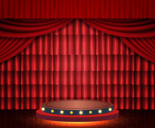 istock Background with red theatre curtain and podium 1294009929