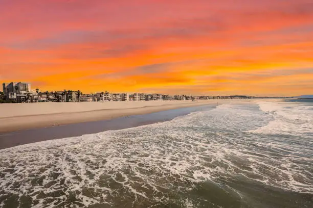 View of famous Venice Beach with sunrise sky in Los Angeles, California.