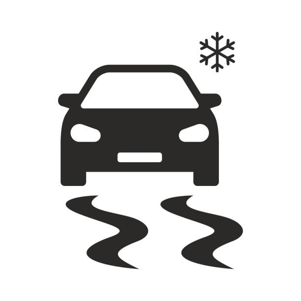 ilustraciones, imágenes clip art, dibujos animados e iconos de stock de icono de carretera resbaladizo. coche conduciendo sobre hielo. - road street sign slippery