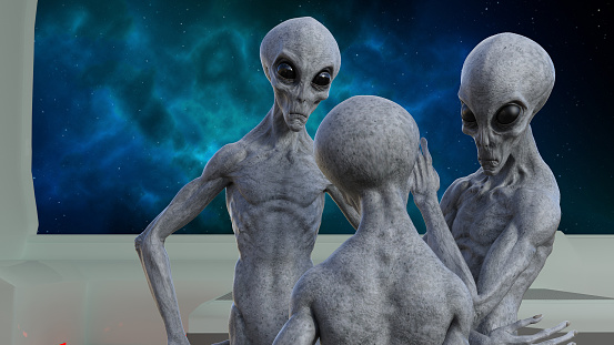 3d illustration of a group of gray aliens talking inside a spaceship with a bright blue nebula in the background.
